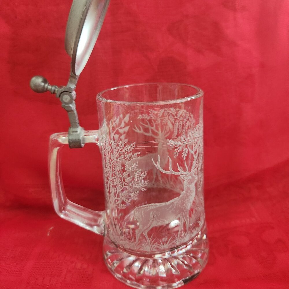 Fi. Ve. ITALY Beer Glass Mug Stein w/Pewter Lid Etched Landscape w/Dears Vintage